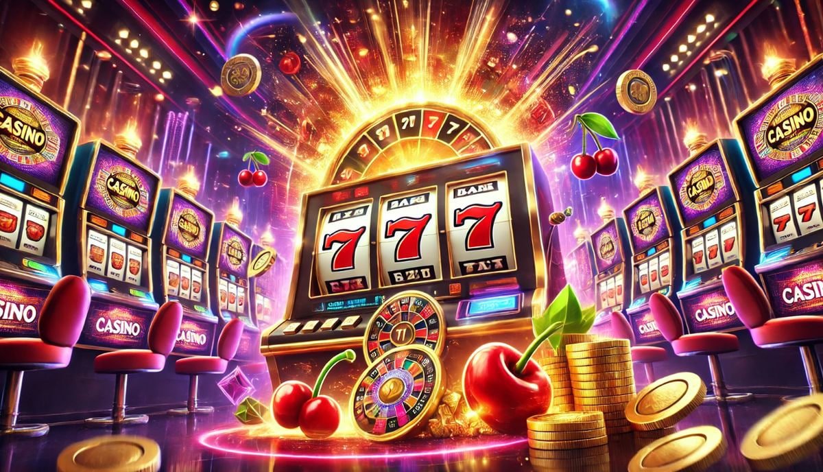 Antarmuka permainan Sweet Bonanza dengan grid buah-buahan dan simbol bonus emas
